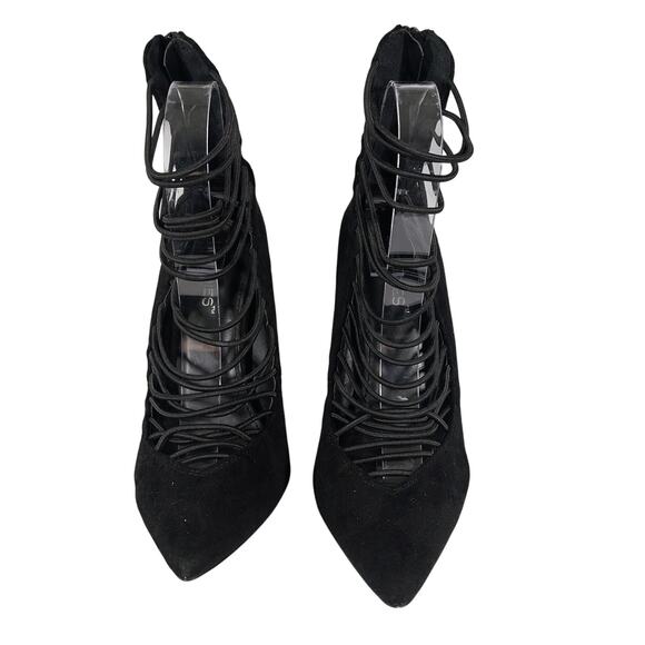 NWOT!JACOBIES! BLACK VEGAN SUEDE MICROFIBER LADDER STRAPPED ANKLE BOOTS! SZ 7.5M - Picture 2 of 9